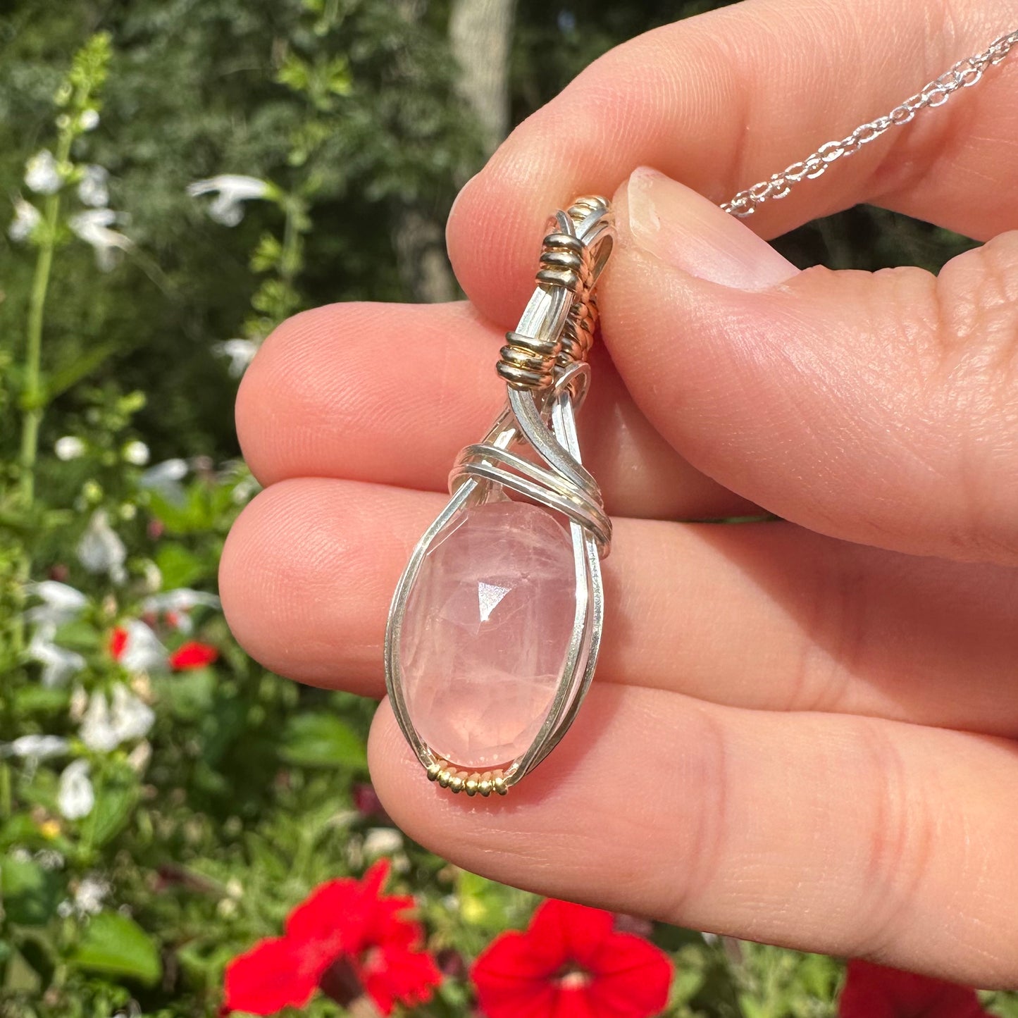 Rose Quartz Pendant Wrapped in Sterling Silver and 14k Goldfilled Wire