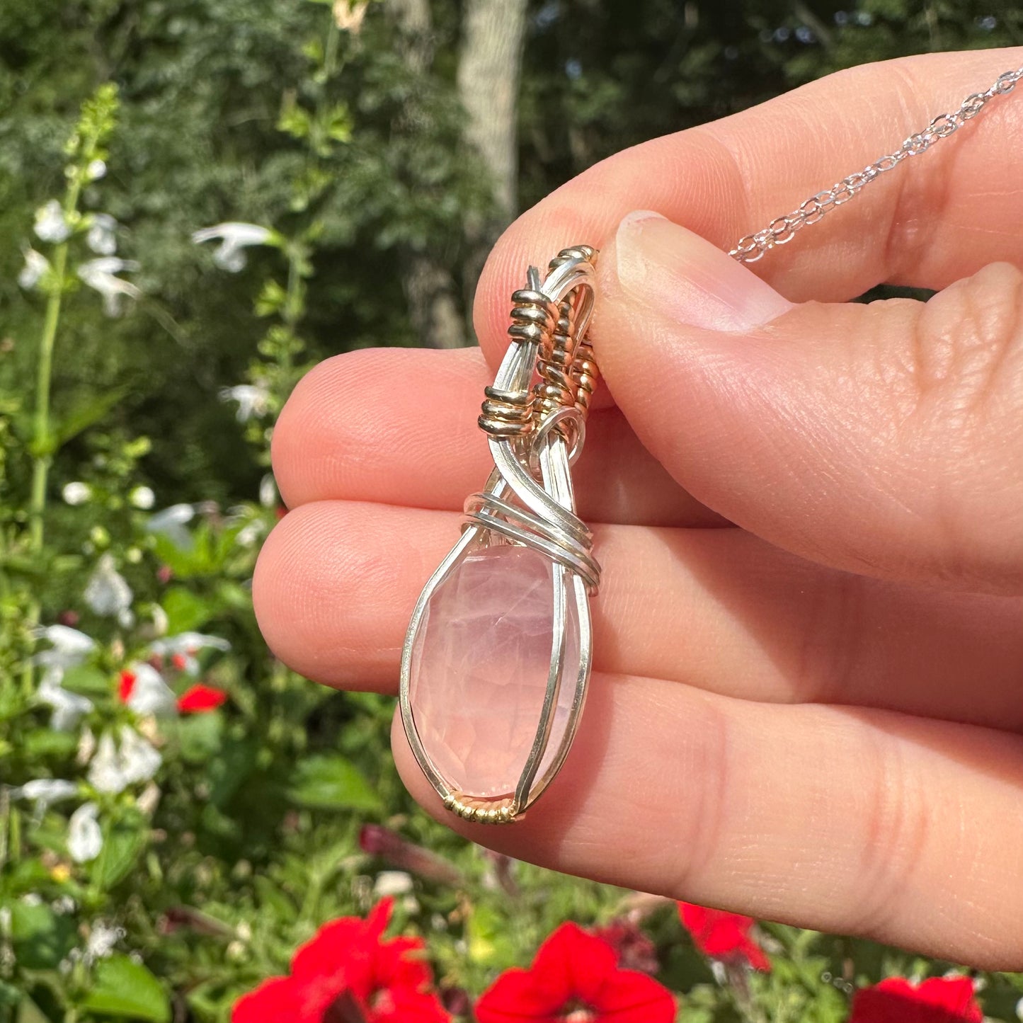 Rose Quartz Pendant Wrapped in Sterling Silver and 14k Goldfilled Wire