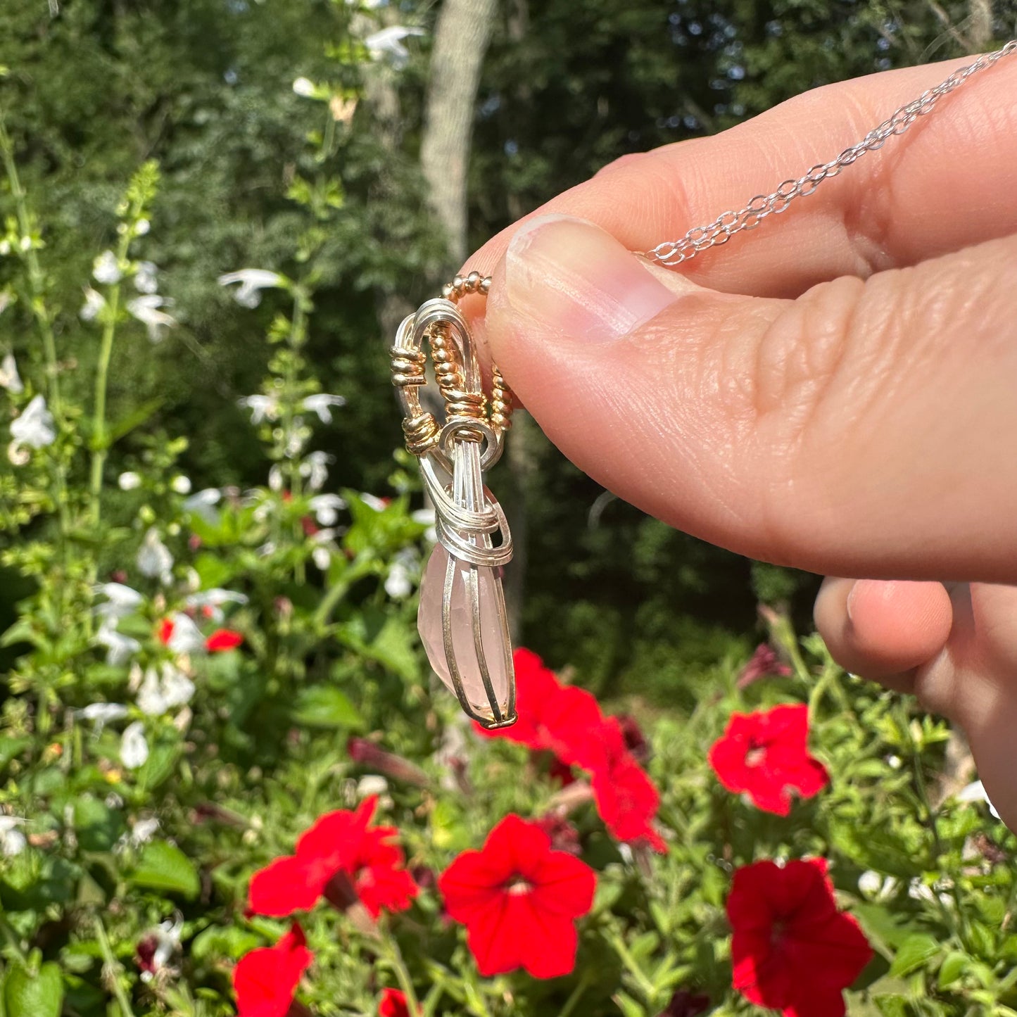 Rose Quartz Pendant Wrapped in Sterling Silver and 14k Goldfilled Wire