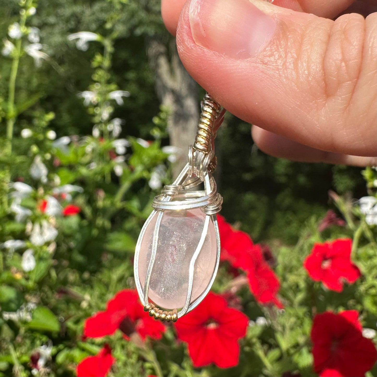 Rose Quartz Pendant Wrapped in Sterling Silver and 14k Goldfilled Wire