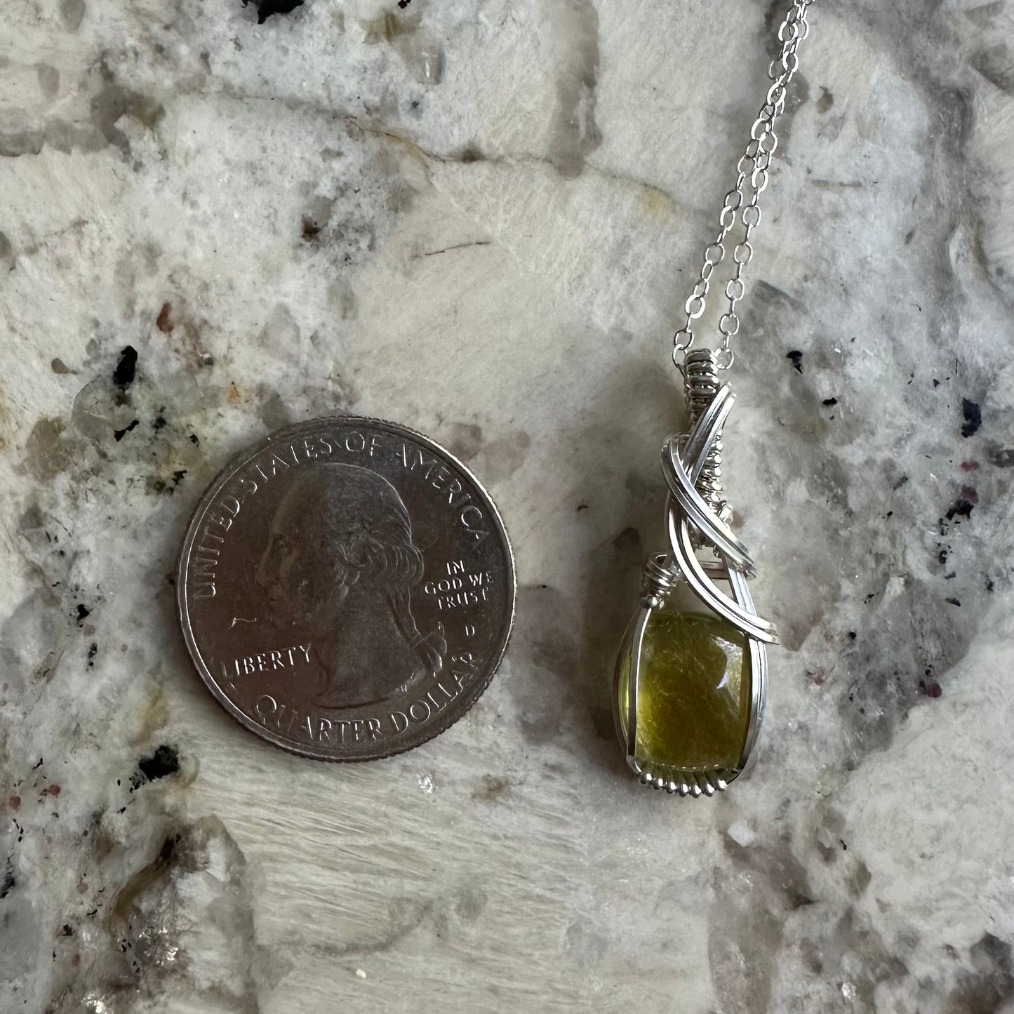 Green/Yellow Tourmaline Pendant Wrapped in Sterling Silver Wire