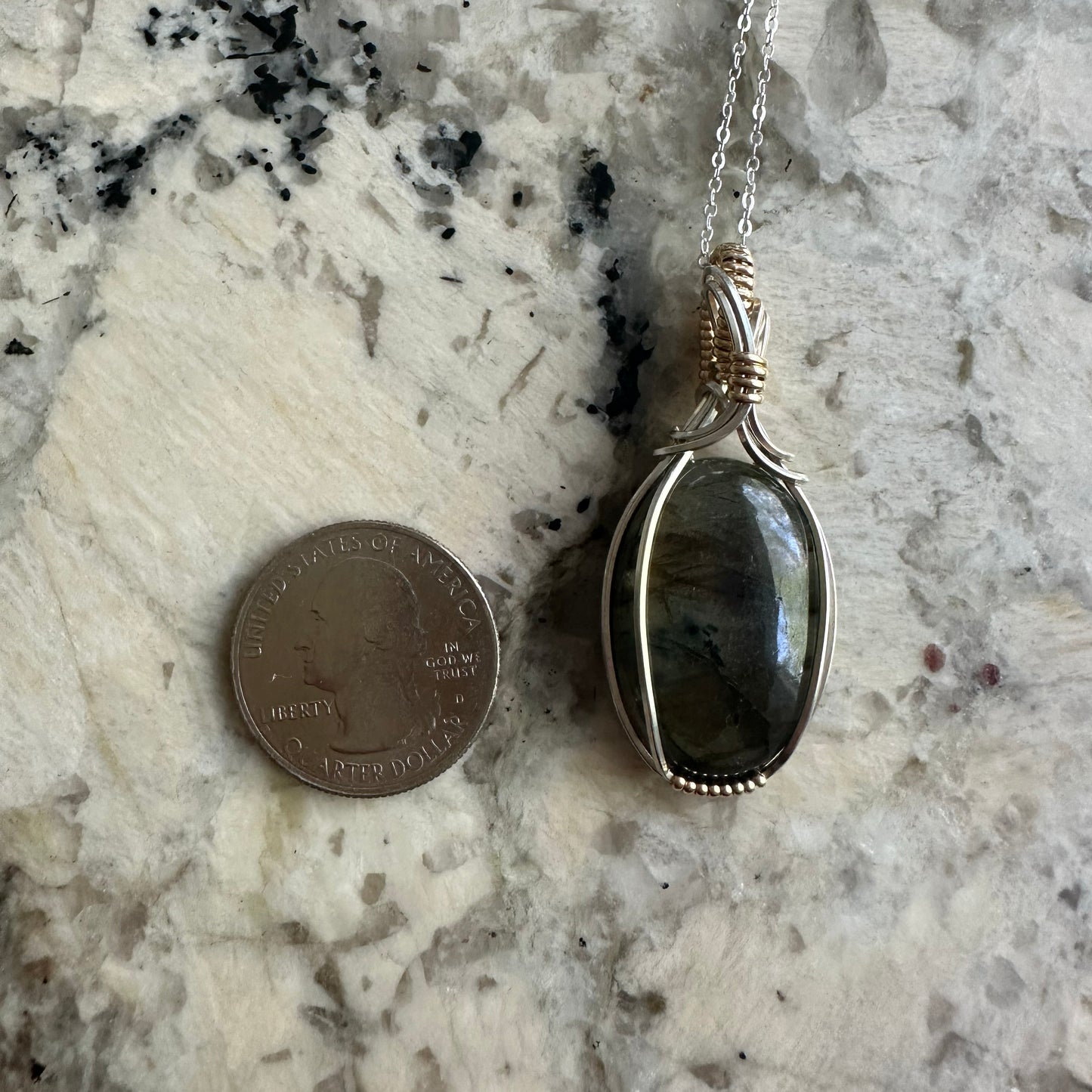 Flashy Labradorite Pendant Wrapped in Sterling Silver and 14k Goldfilled Wire