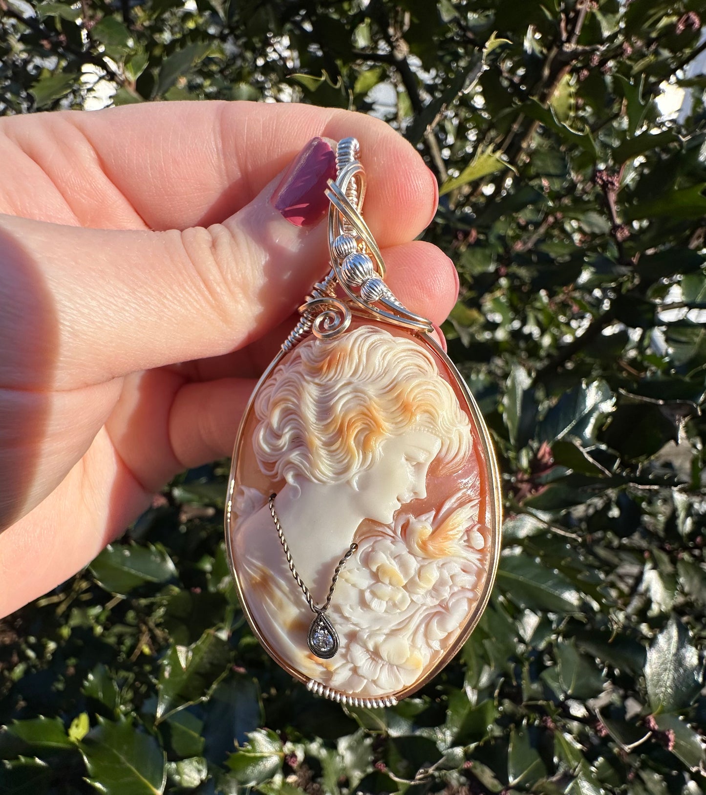 Wire-Wrapped Vintage/Antique Cameo Pendant with DIamond in Sterling Silver and14k Gold-Fill