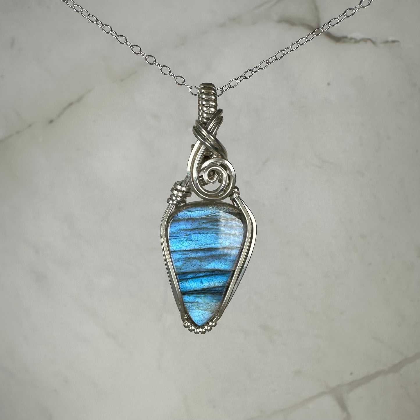 Flashy Blue Labradorite Pendant Wire-Wrapped in Sterling Silver