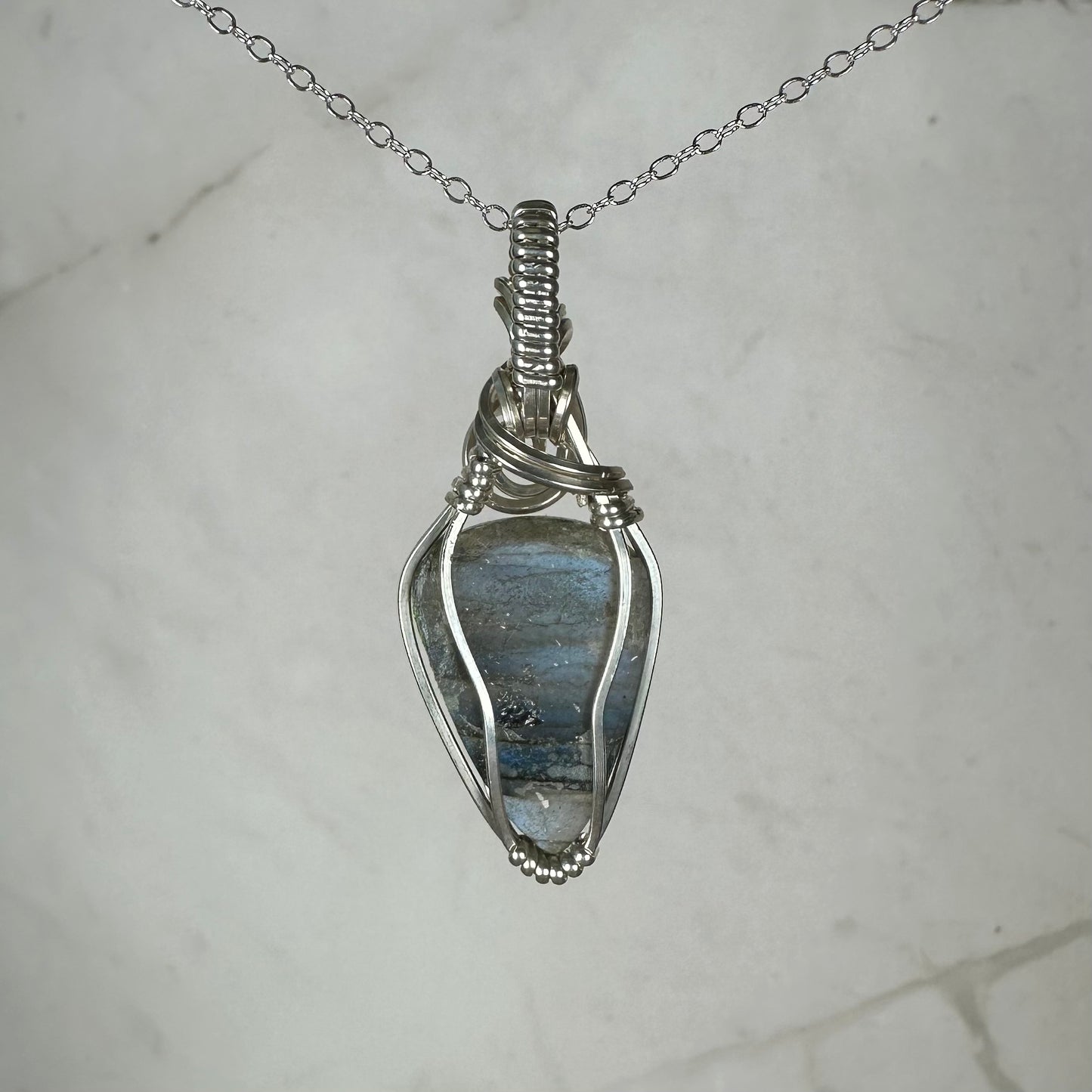Flashy Blue Labradorite Pendant Wire-Wrapped in Sterling Silver