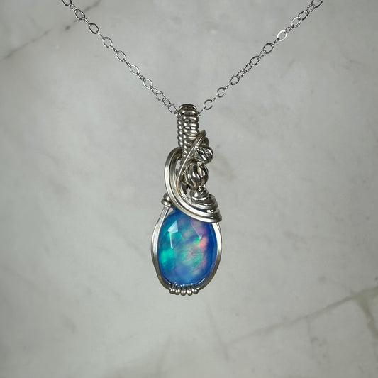 Aurora Opal Doublet Pendant Wire-Wrapped in Sterling Silver