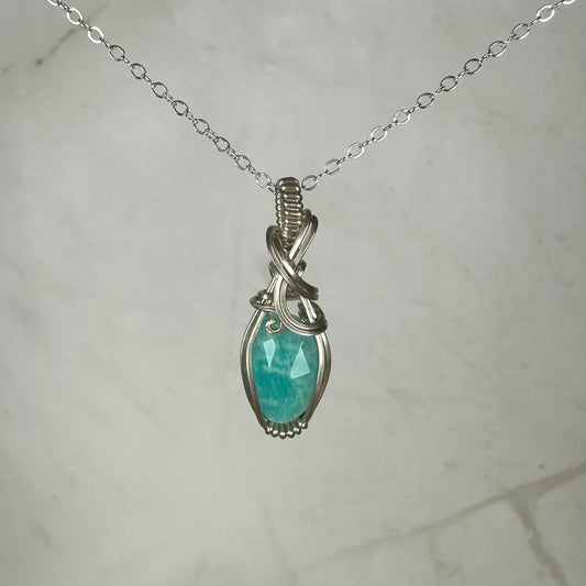 Rosecut Amazonite Pendant Wire-Wrapped in Sterling Silver