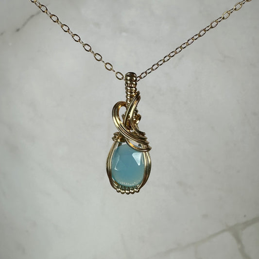 Rosecut Aqua Blue Chalcedony Pendant Wire-Wrapped in 14k Goldfill