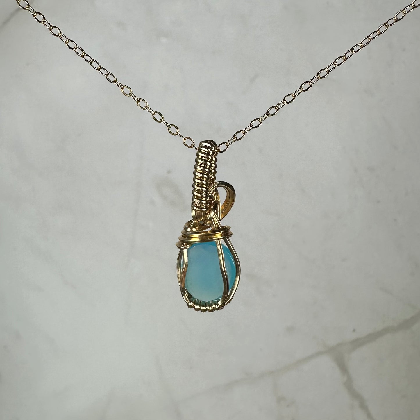 Rosecut Aqua Blue Chalcedony Pendant Wire-Wrapped in 14k Goldfill
