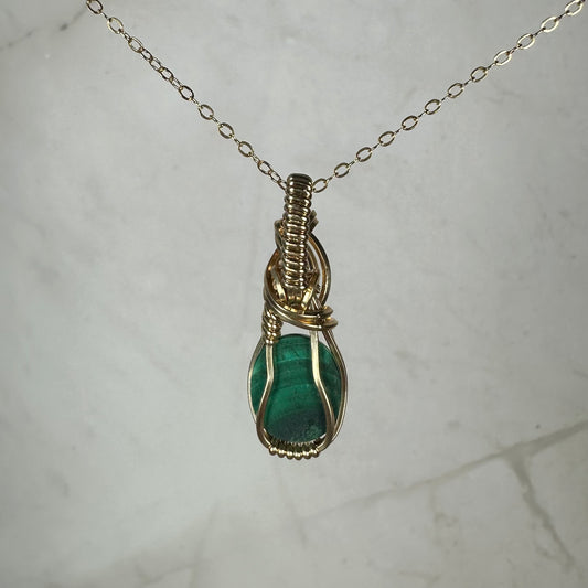 Malachite Pendant Wire-Wrapped in 14k Goldfill