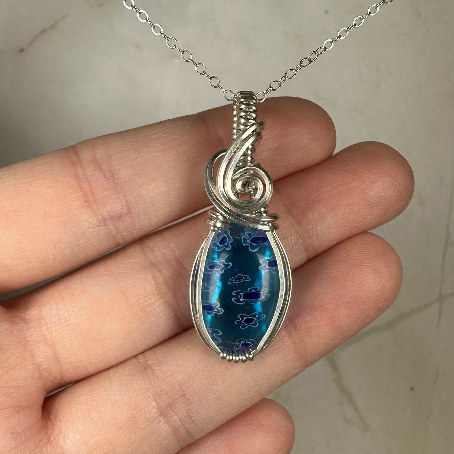 Vintage Murano Glass ("Millefiori") Pendant Wire-Wrapped in Sterling Silver