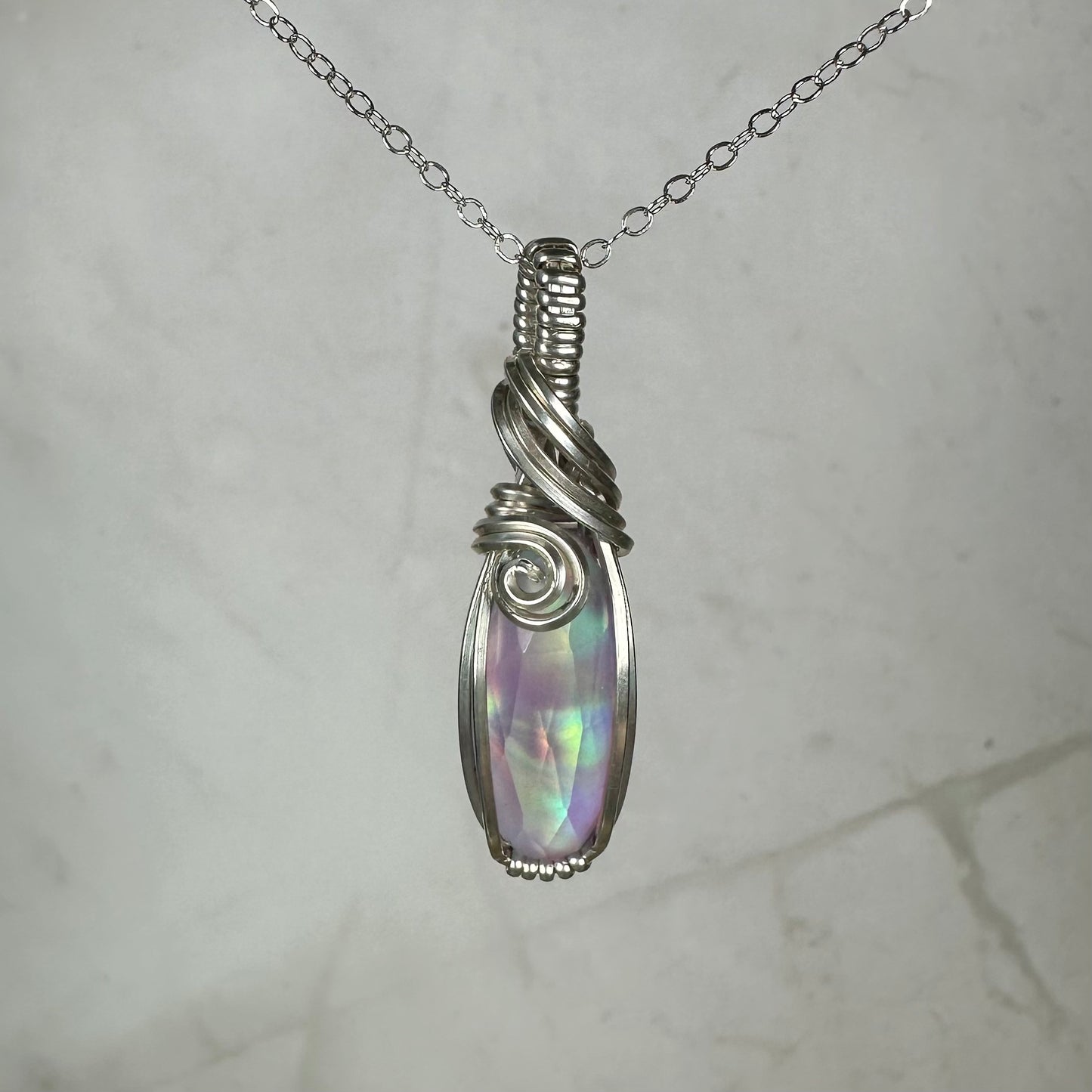 Aurora Opal Doublet Pendant Wire-Wrapped in Sterling Silver