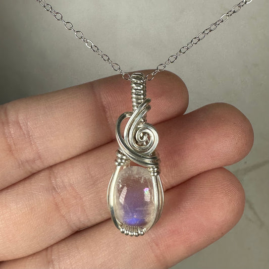 Rainbow Moonstone Pendant Wire-Wrapped in Sterling Silver