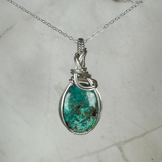Parrot-Wing Chrysocolla Pendant Wire-Wrapped in Sterling Silver