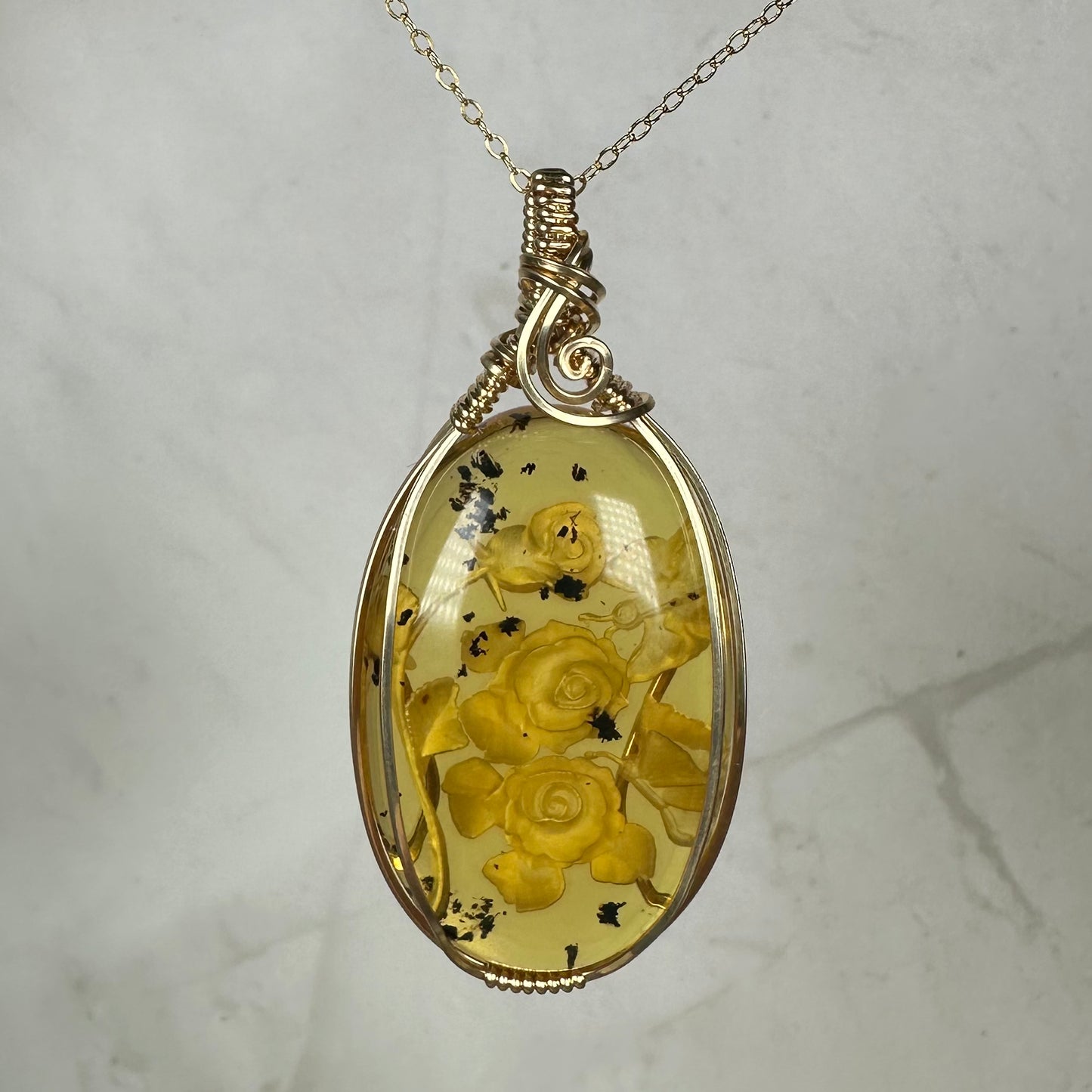 Carved Mexican Amber with Flowers and Butterflies Pendant Wire-Wrapped in 14k Goldfill