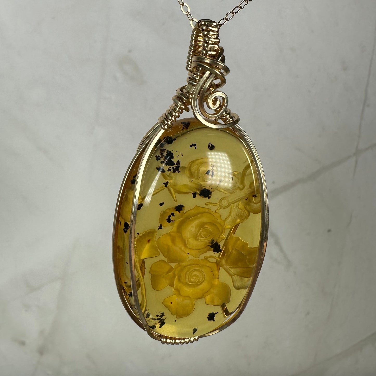 Carved Mexican Amber with Flowers and Butterflies Pendant Wire-Wrapped in 14k Goldfill