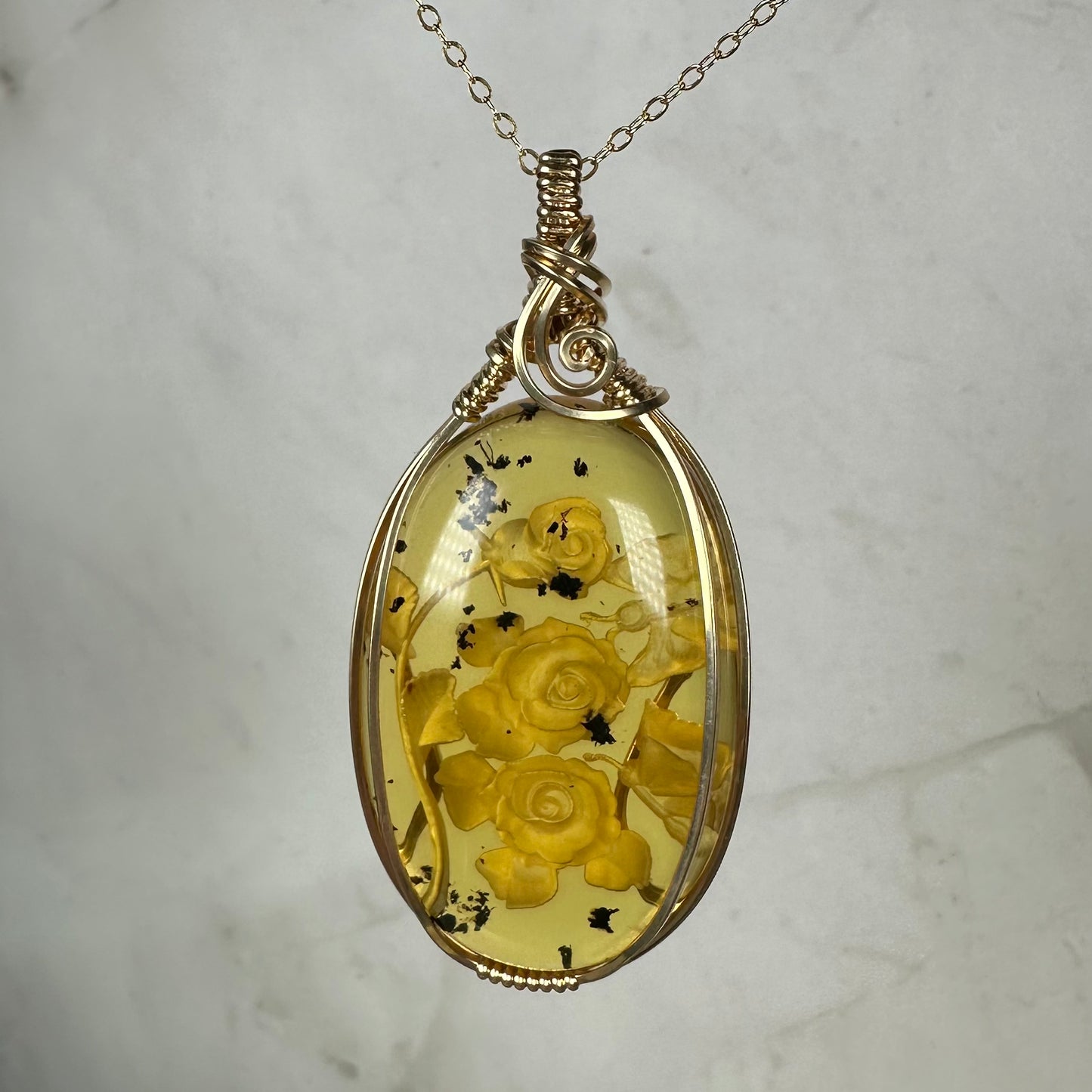 Carved Mexican Amber with Flowers and Butterflies Pendant Wire-Wrapped in 14k Goldfill