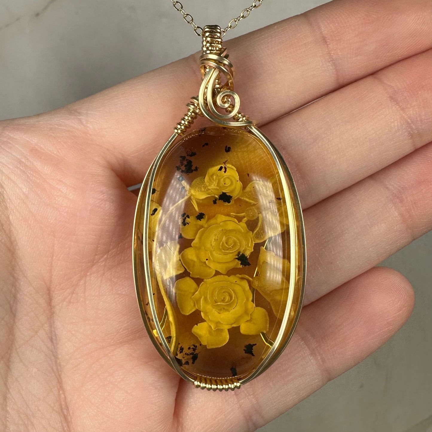 Carved Mexican Amber with Flowers and Butterflies Pendant Wire-Wrapped in 14k Goldfill