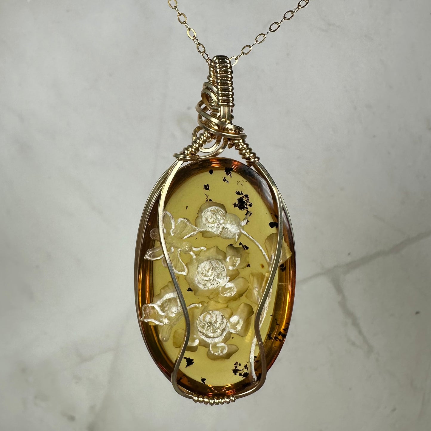 Carved Mexican Amber with Flowers and Butterflies Pendant Wire-Wrapped in 14k Goldfill