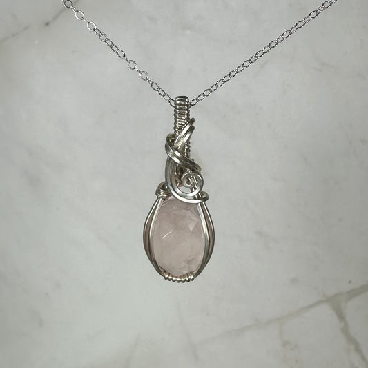 Rosecut Rose Quartz Pendant Wire-Wrapped in Sterling Silver