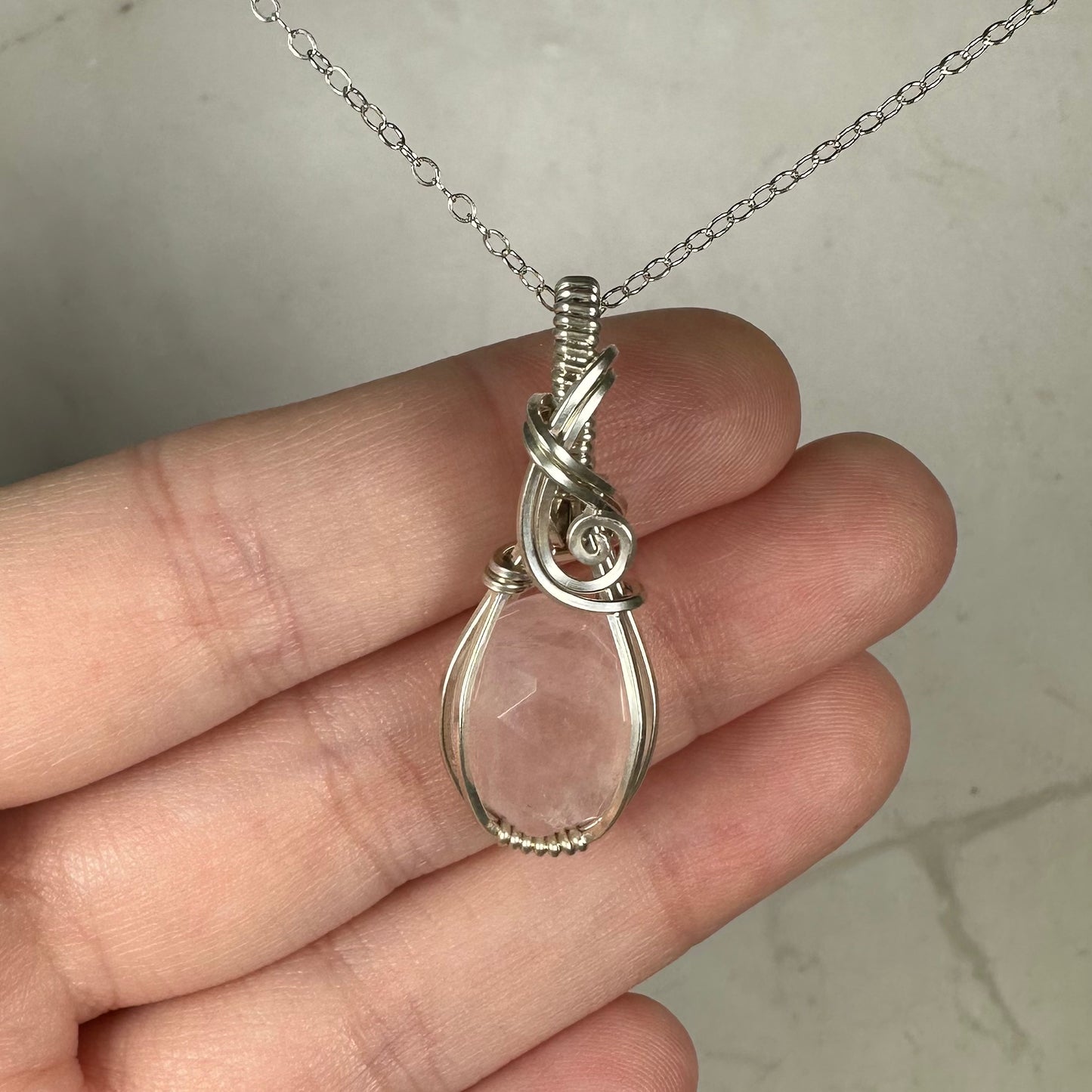 Rosecut Rose Quartz Pendant Wire-Wrapped in Sterling Silver