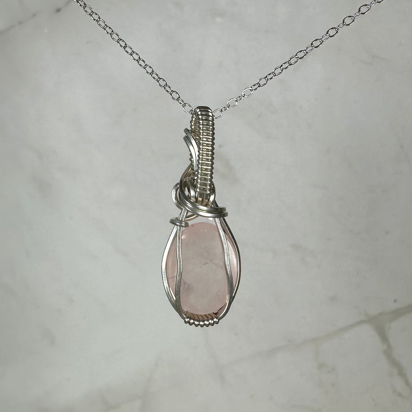 Rosecut Rose Quartz Pendant Wire-Wrapped in Sterling Silver