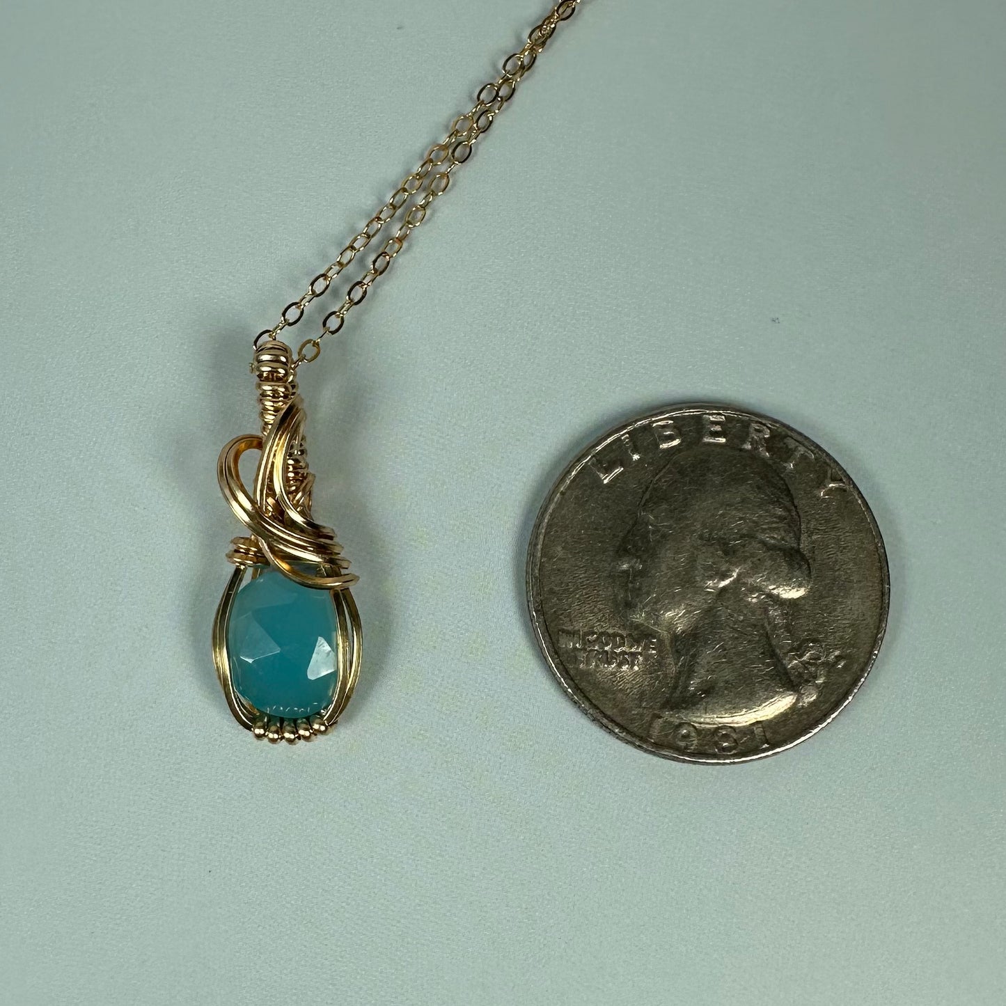 Rosecut Aqua Blue Chalcedony Pendant Wire-Wrapped in 14k Goldfill