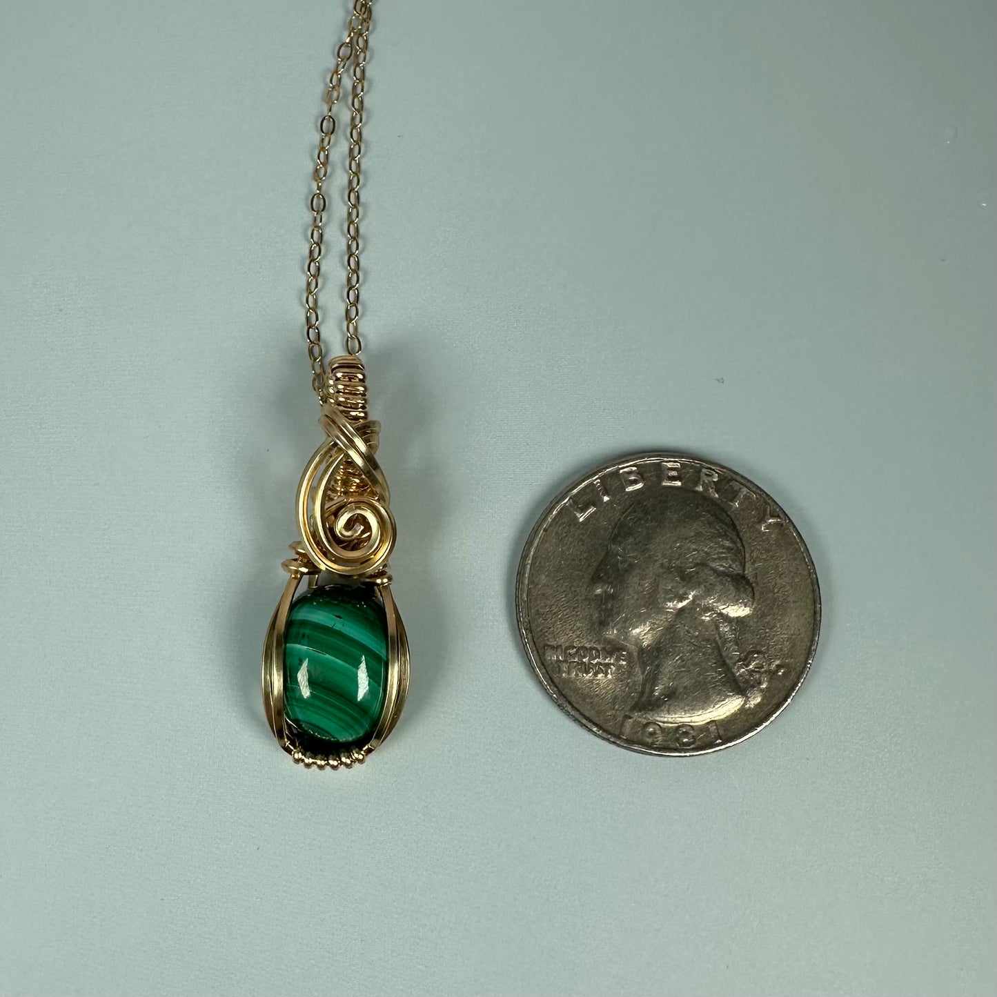 Malachite Pendant Wire-Wrapped in 14k Goldfill