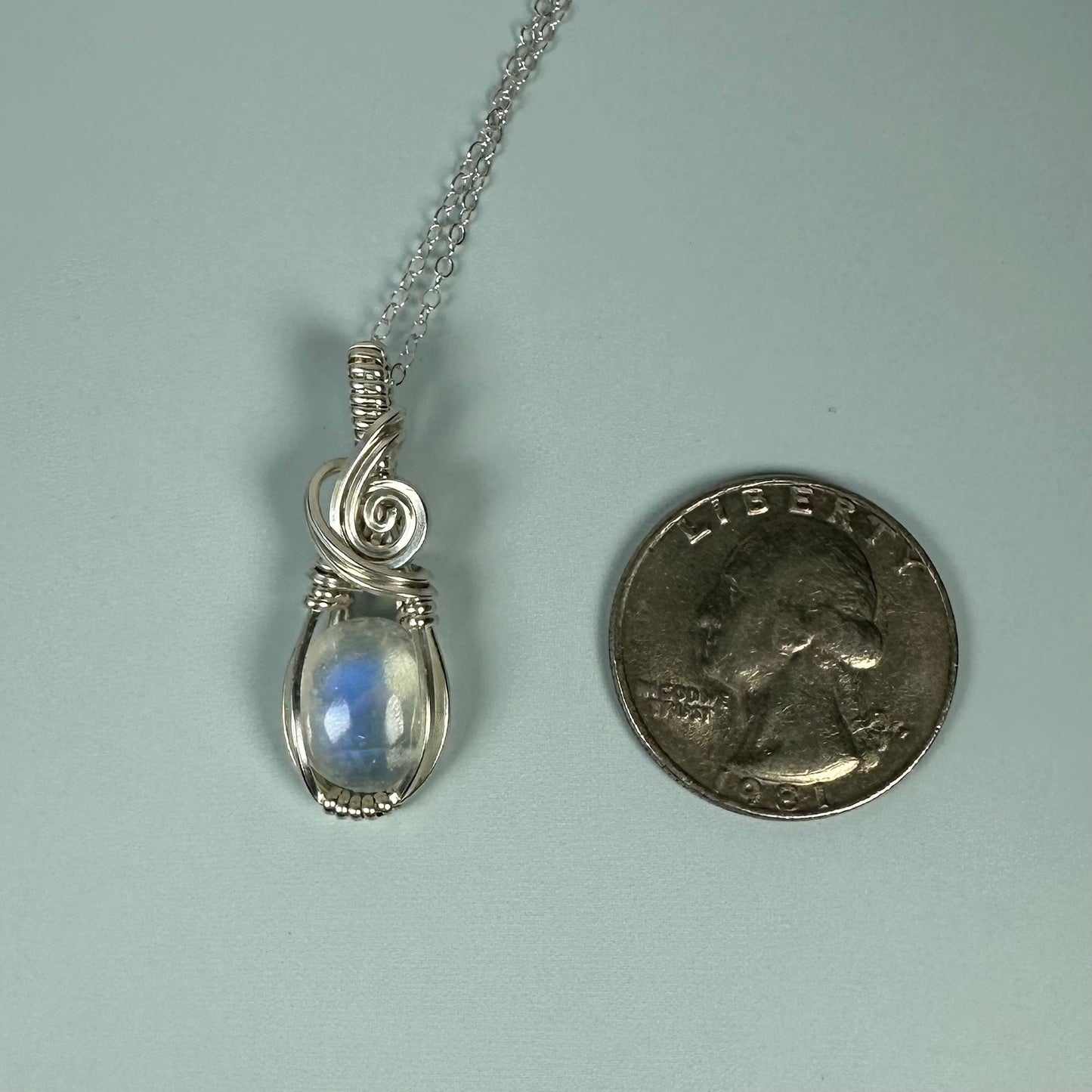 Rainbow Moonstone Pendant Wire-Wrapped in Sterling Silver