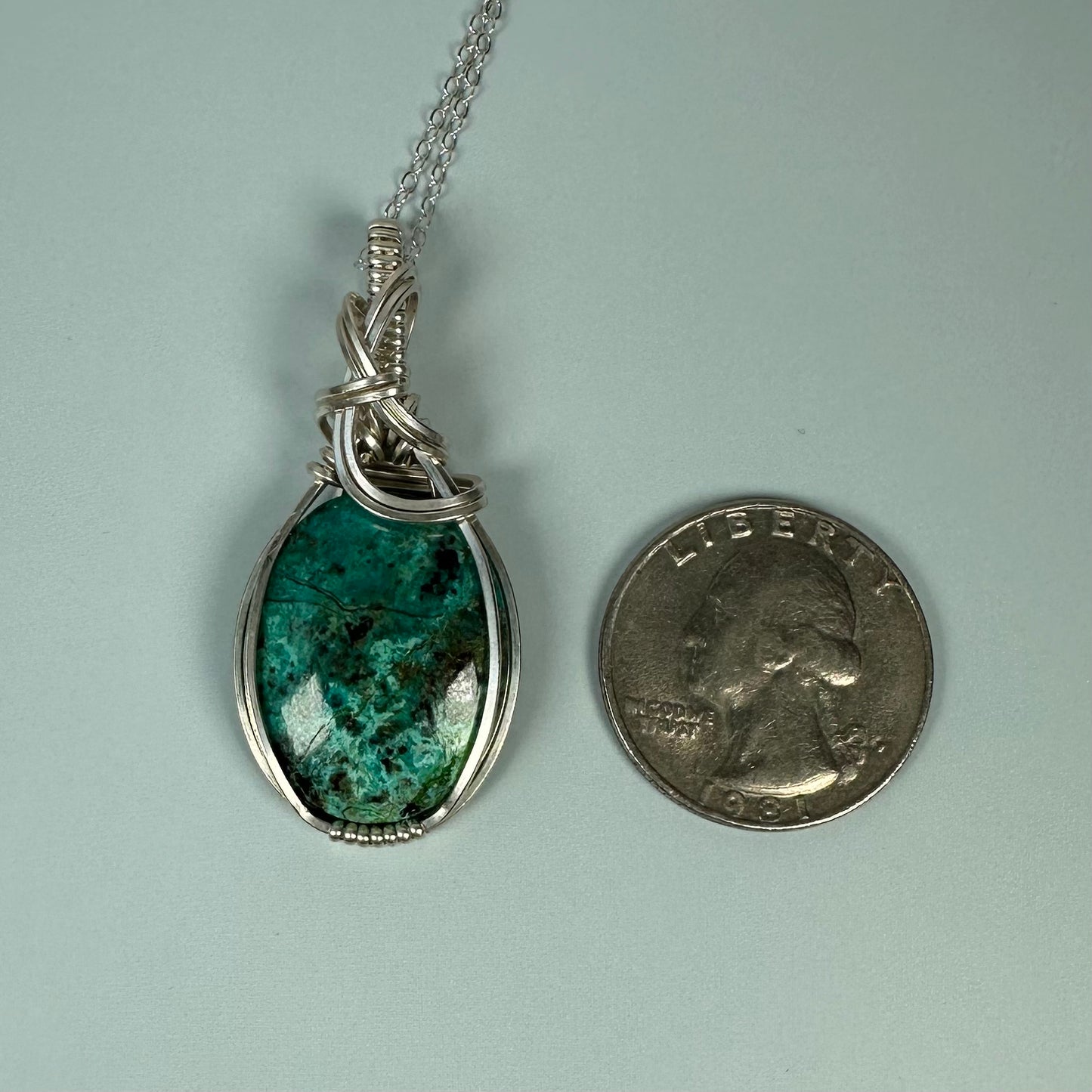Parrot-Wing Chrysocolla Pendant Wire-Wrapped in Sterling Silver