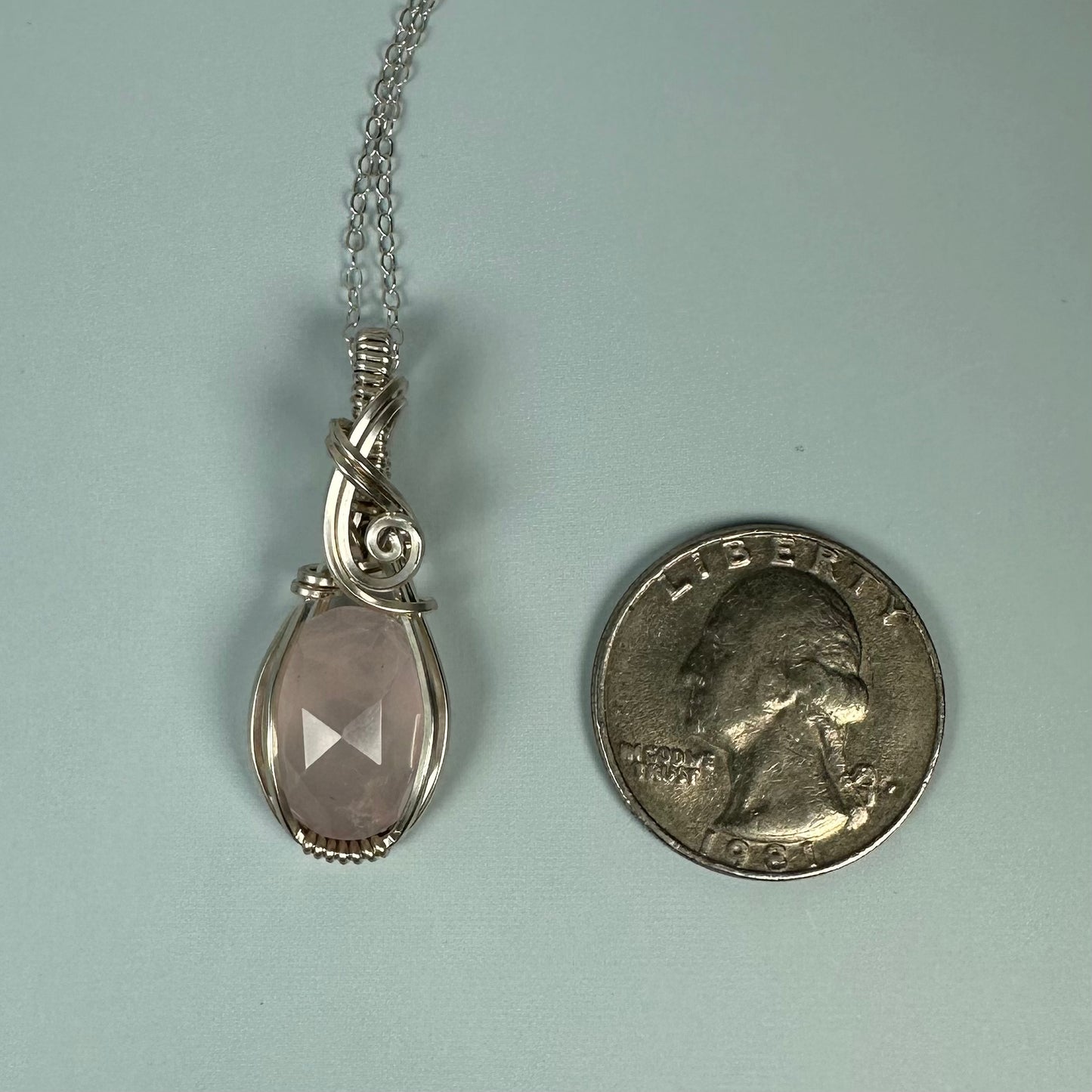 Rosecut Rose Quartz Pendant Wire-Wrapped in Sterling Silver