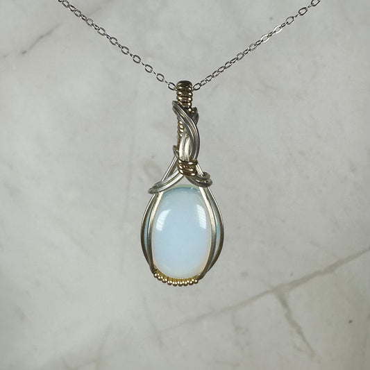 Opalite Glass Pendant Wire-Wrapped in Sterling Silver