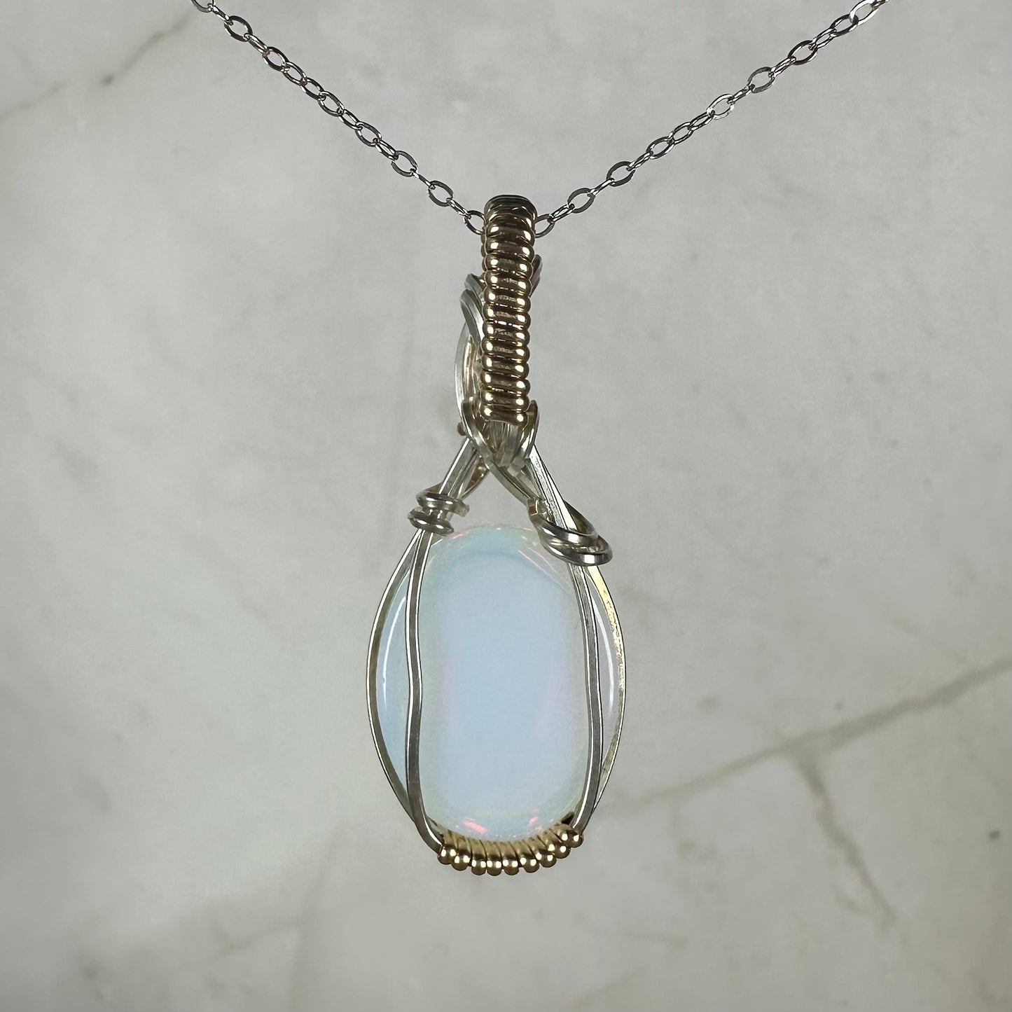 Opalite Glass Pendant Wire-Wrapped in Sterling Silver