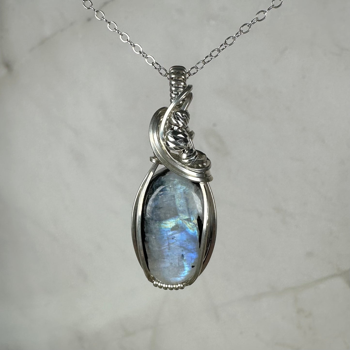 Rainbow Moonstone with Black Tourmaline Pendant Wire-Wrapped in Sterling Silver