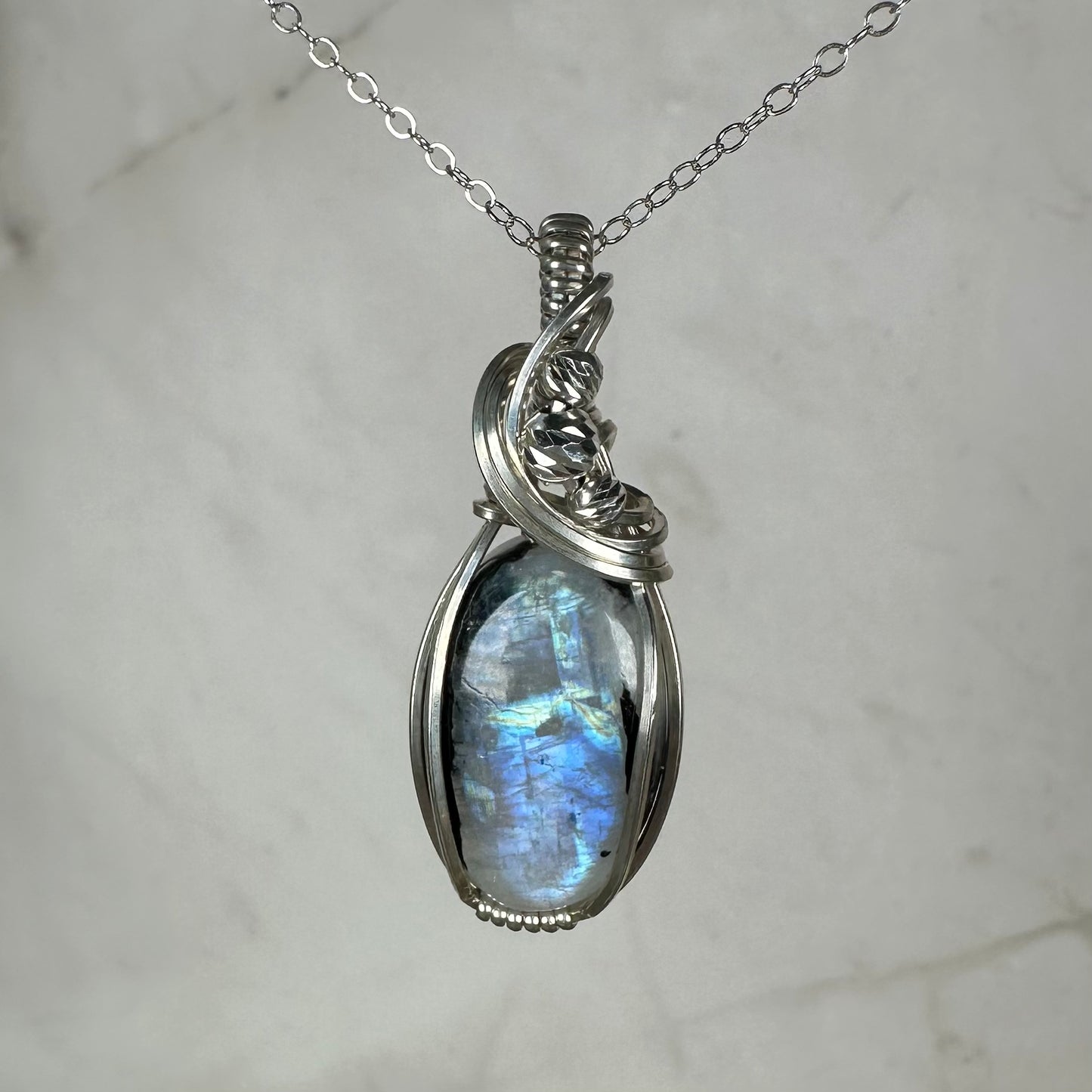 Rainbow Moonstone with Black Tourmaline Pendant Wire-Wrapped in Sterling Silver
