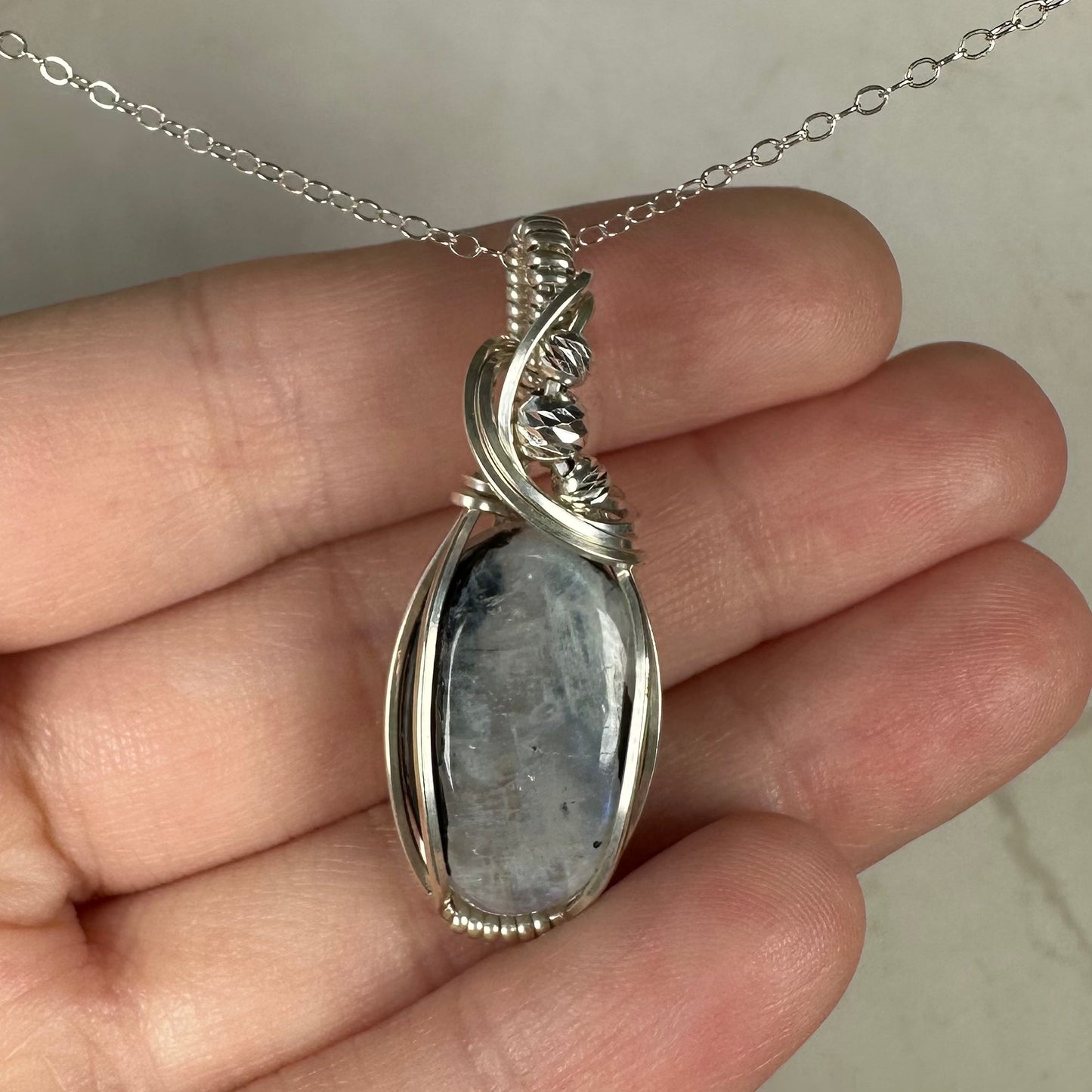 Rainbow Moonstone with Black Tourmaline Pendant Wire-Wrapped in Sterling Silver