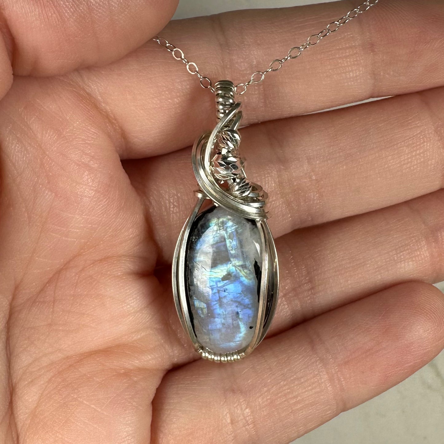 Rainbow Moonstone with Black Tourmaline Pendant Wire-Wrapped in Sterling Silver