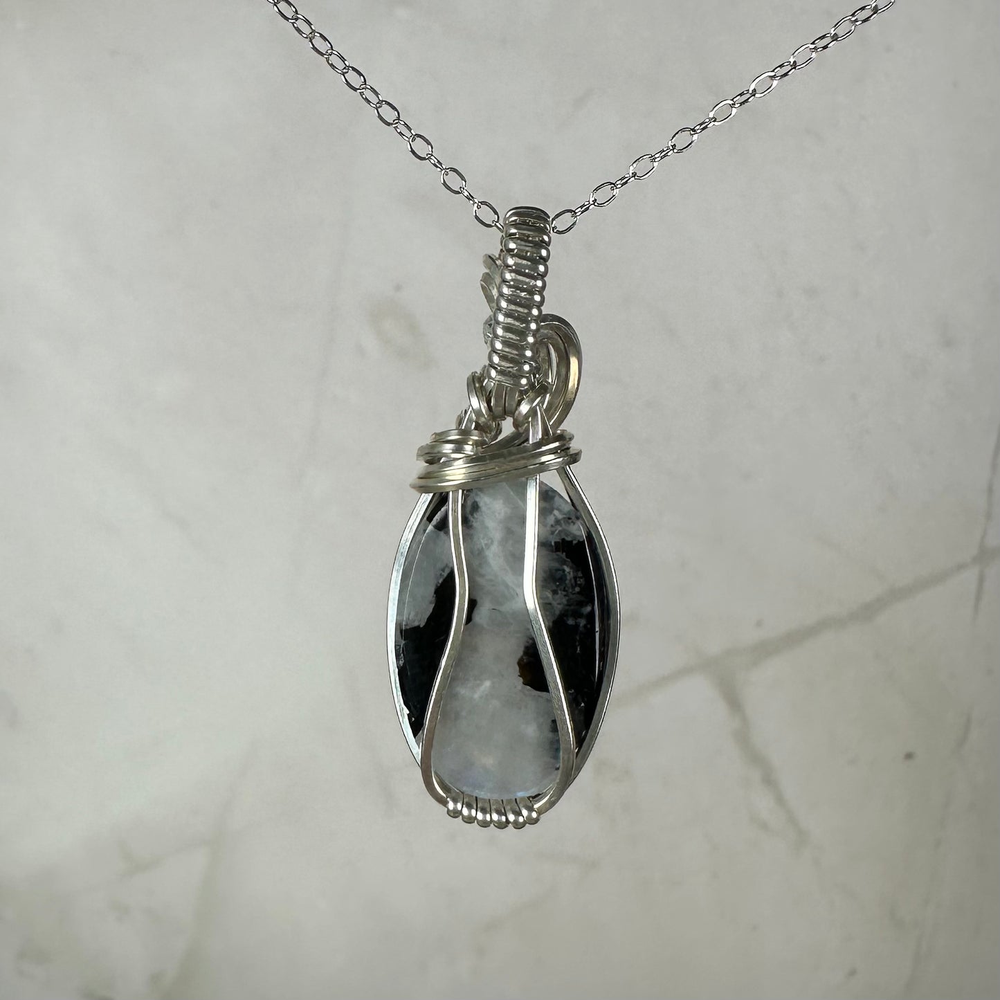 Rainbow Moonstone with Black Tourmaline Pendant Wire-Wrapped in Sterling Silver