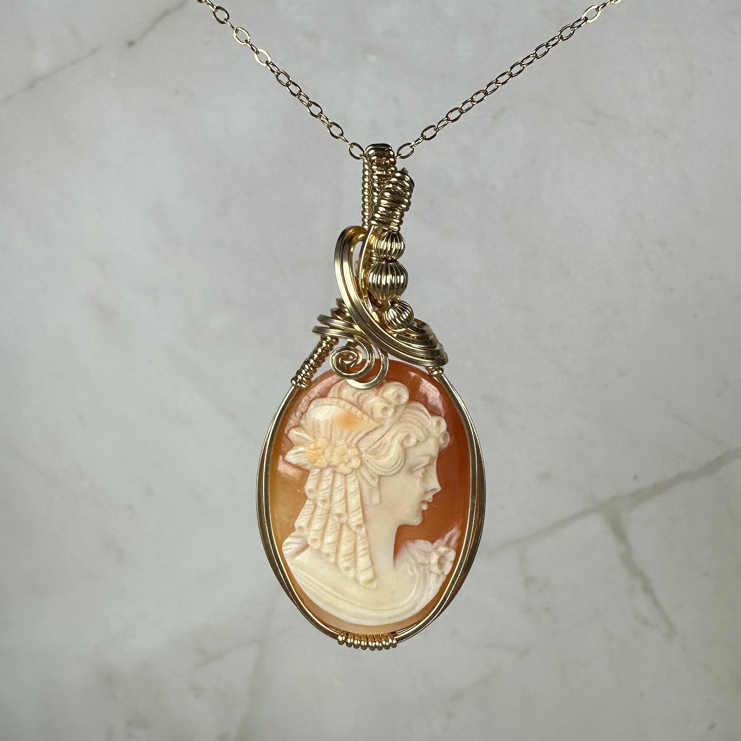 Vintage Handcarved Shell Cameo Depicting Woman with Curls in Hair Pendant Wire-Wrapped in 14k Goldfilled Wire