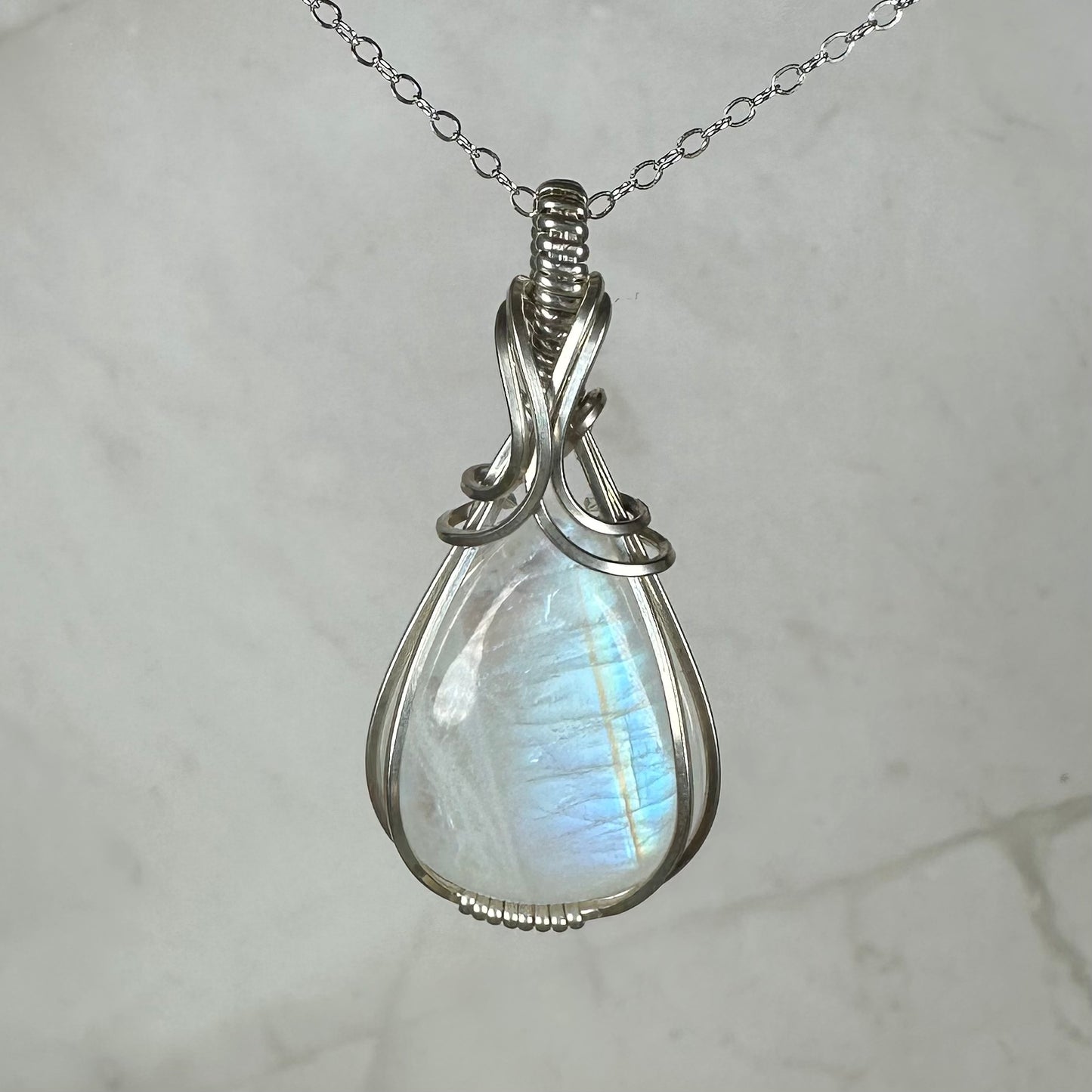 Rainbow Moonstone Pendant Wire-Wrapped in Sterling Silver