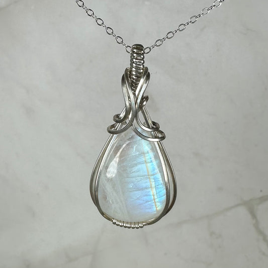 Rainbow Moonstone Pendant Wire-Wrapped in Sterling Silver