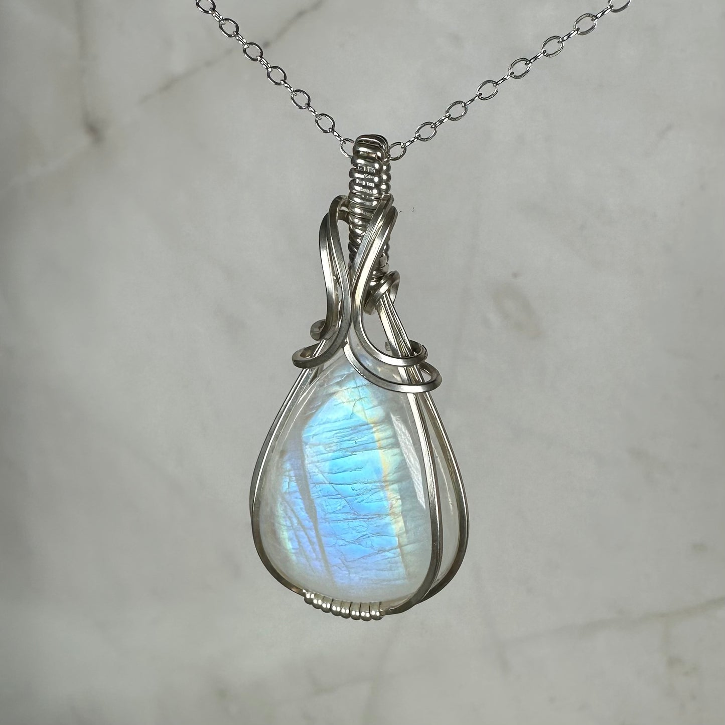 Rainbow Moonstone Pendant Wire-Wrapped in Sterling Silver
