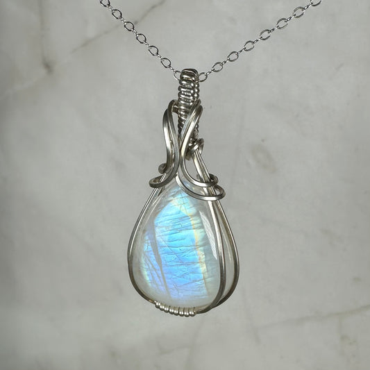 Rainbow Moonstone Pendant Wire-Wrapped in Sterling Silver