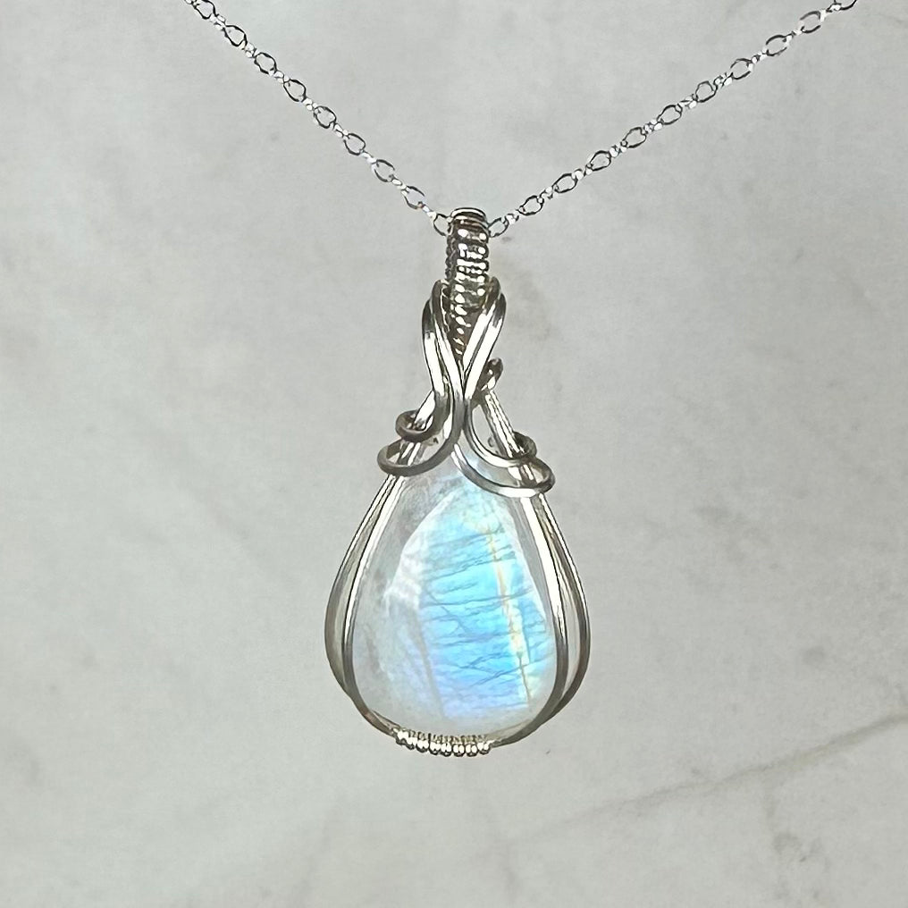 Rainbow Moonstone Pendant Wire-Wrapped in Sterling Silver