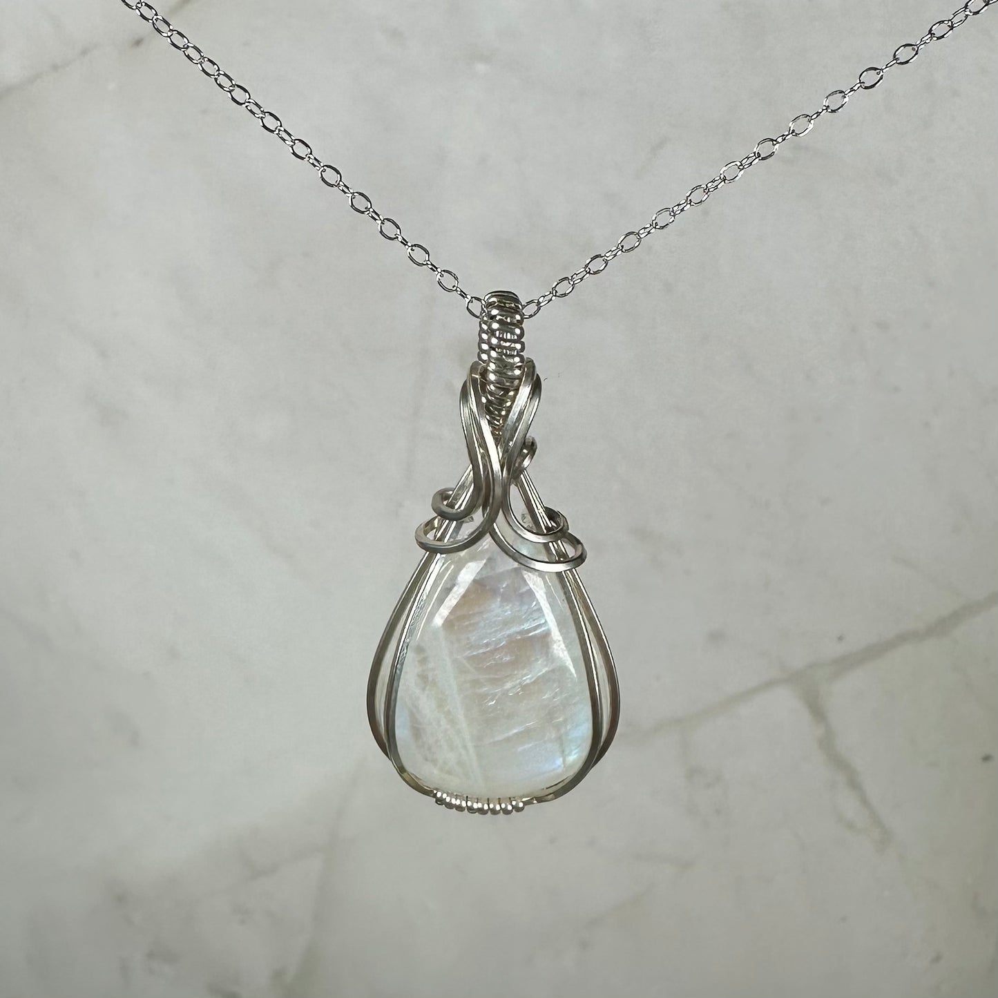 Rainbow Moonstone Pendant Wire-Wrapped in Sterling Silver