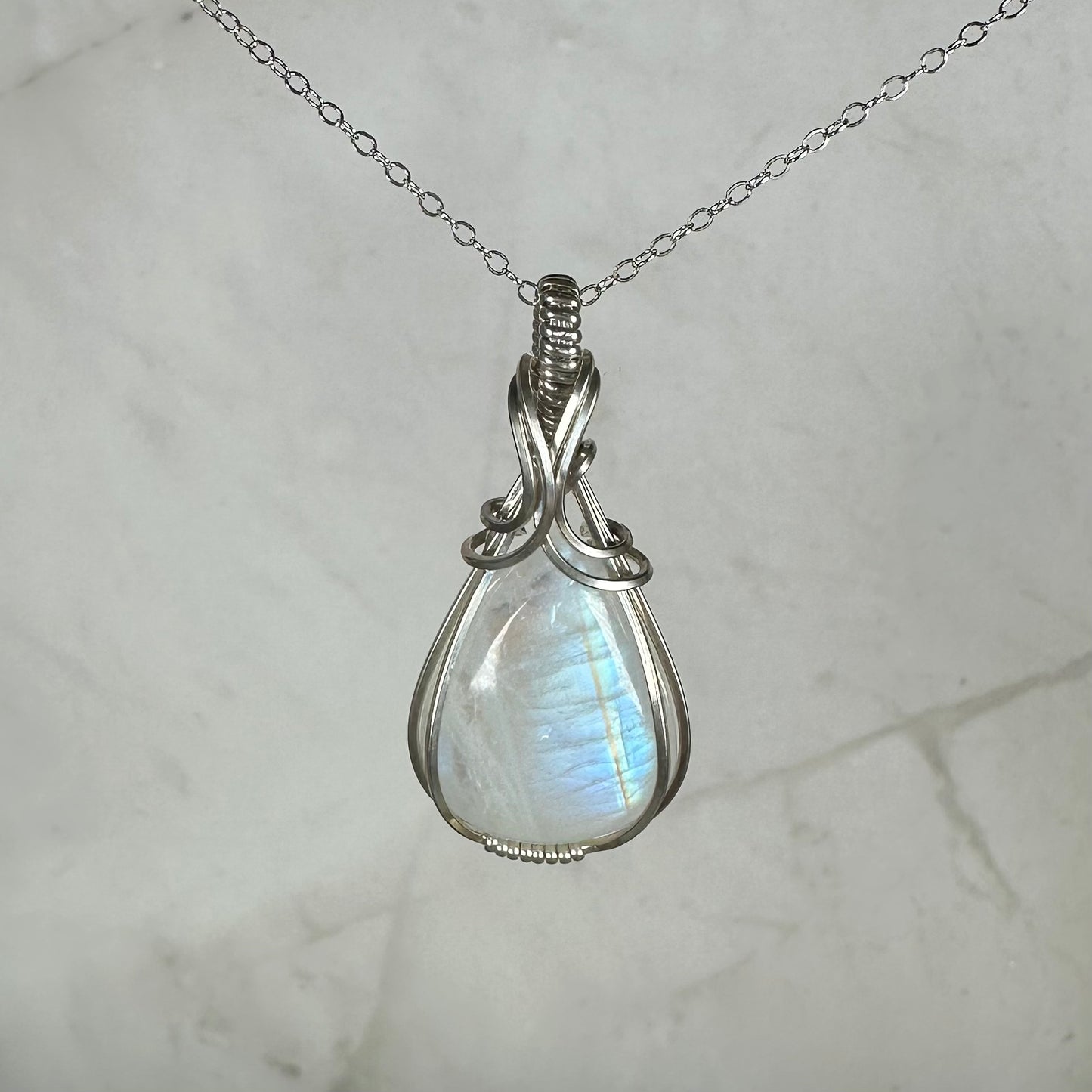 Rainbow Moonstone Pendant Wire-Wrapped in Sterling Silver