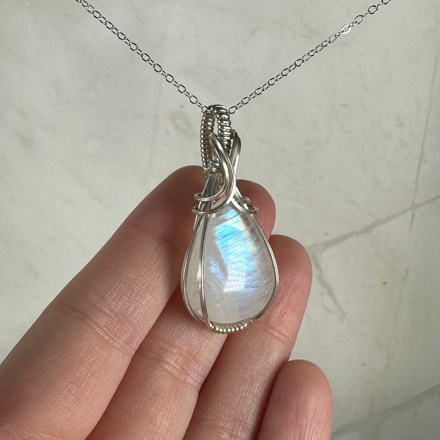Rainbow Moonstone Pendant Wire-Wrapped in Sterling Silver