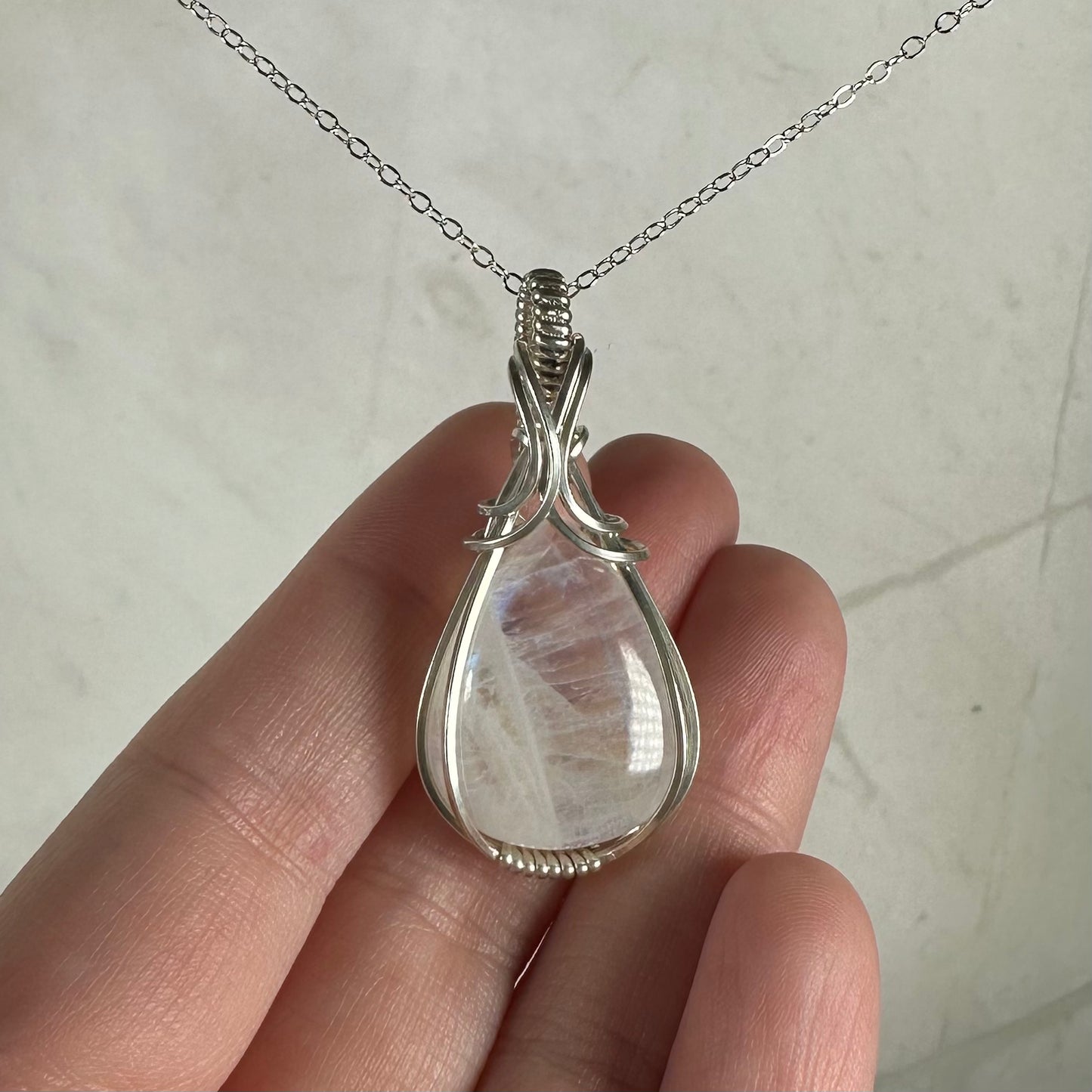 Rainbow Moonstone Pendant Wire-Wrapped in Sterling Silver