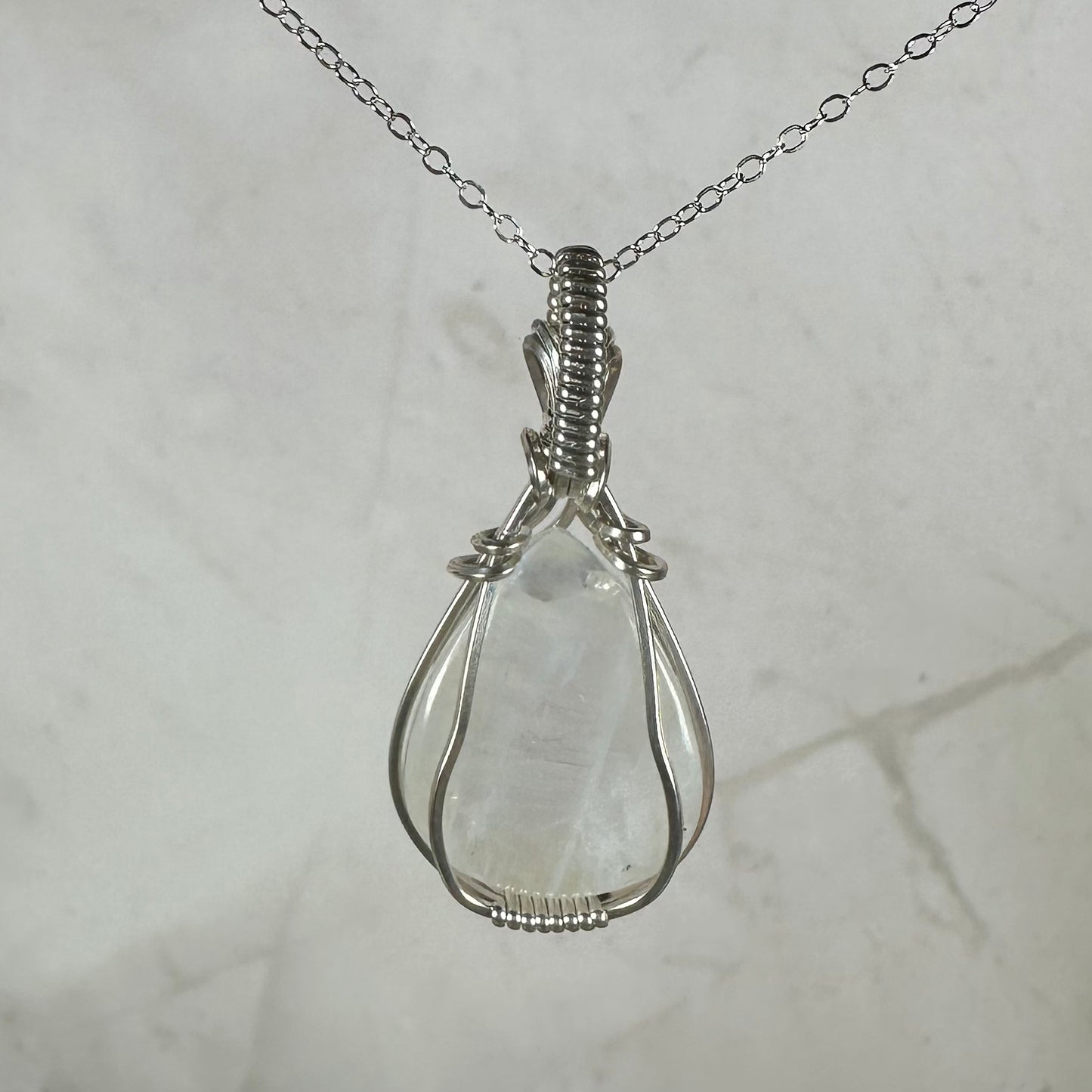 Rainbow Moonstone Pendant Wire-Wrapped in Sterling Silver