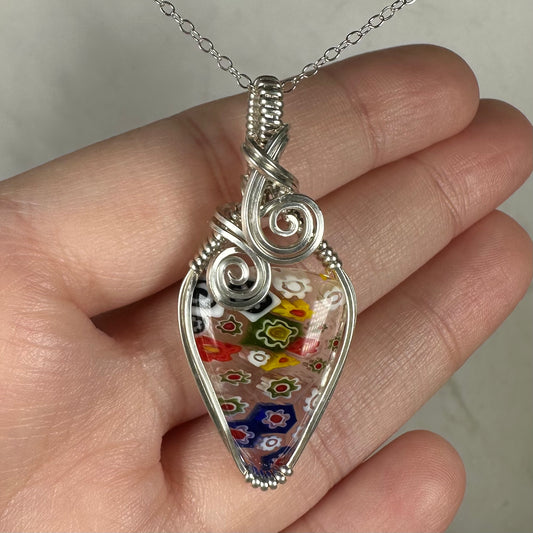 Rainbow Murano "Millefiori" Glass Pendant Wire-Wrapped in Sterling Silver